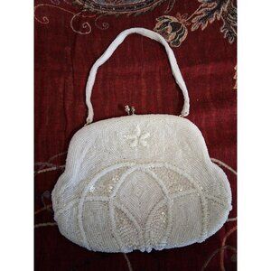 Vintage White Beaded Evening Purse W/Floral Design & Clasp Closure Made In Korea